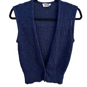 Rodier Paris Vintage Womens Navy Ribbed Knit Cardigan Front Button Closure Vest